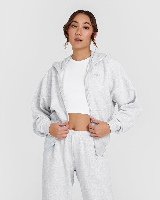 Mid Weight Zip Through Hoodie | Light Grey Marl