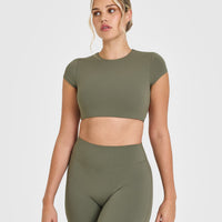 SoftMotion™ Short Sleeve Crop Top with White Logo | Alpine Green