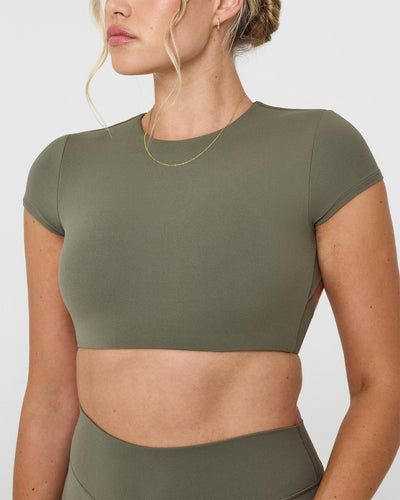 SoftMotion™ Short Sleeve Crop Top with White Logo | Alpine Green