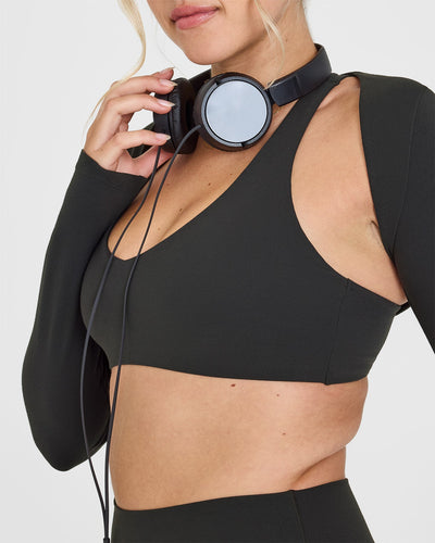 SoftMotion™ Long Sleeve Shrug with White Logo | Soft Black