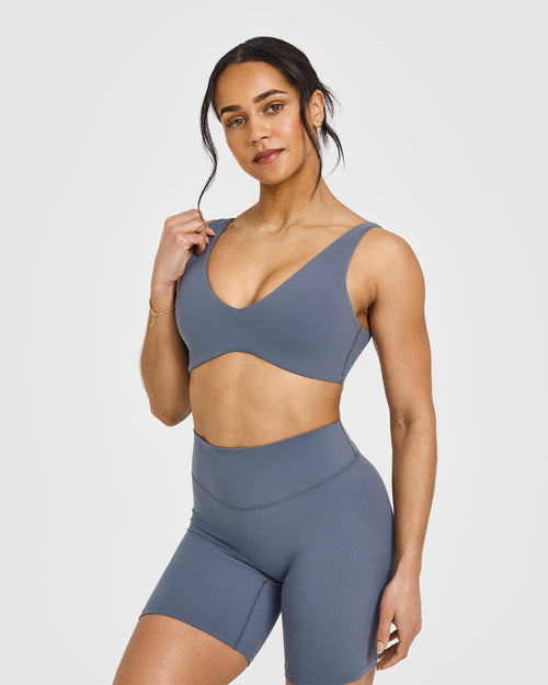 Oner Modal SoftMotion™ Scoop Back Bralette with White Logo | Granite Blue