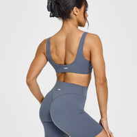 SoftMotion™ Scoop Back Bralette with White Logo | Granite Blue
