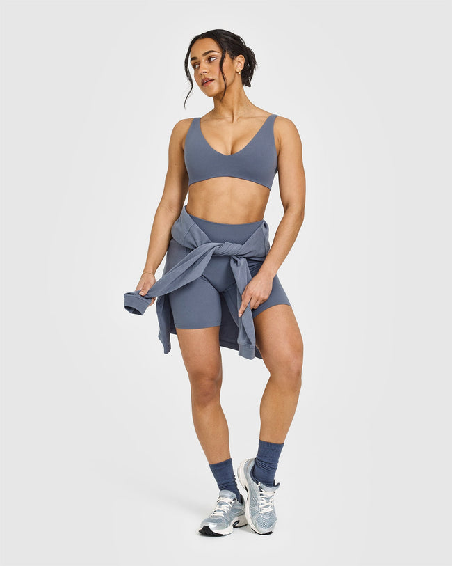 SoftMotion™ Scoop Back Bralette with White Logo | Granite Blue