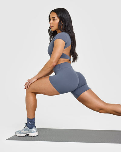 SoftMotion™ Shorts 6" with White Logo | Granite Blue