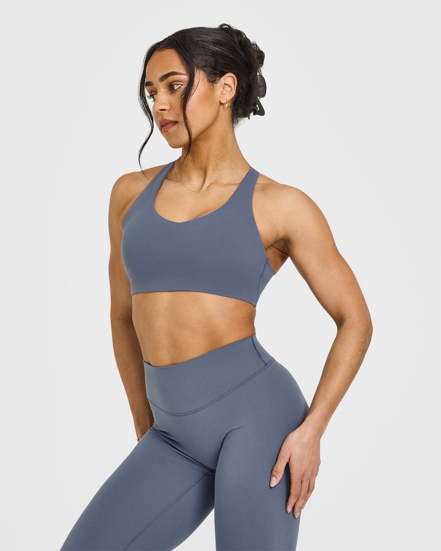 SoftMotion™ Sports Bra with White Logo | Granite Blue