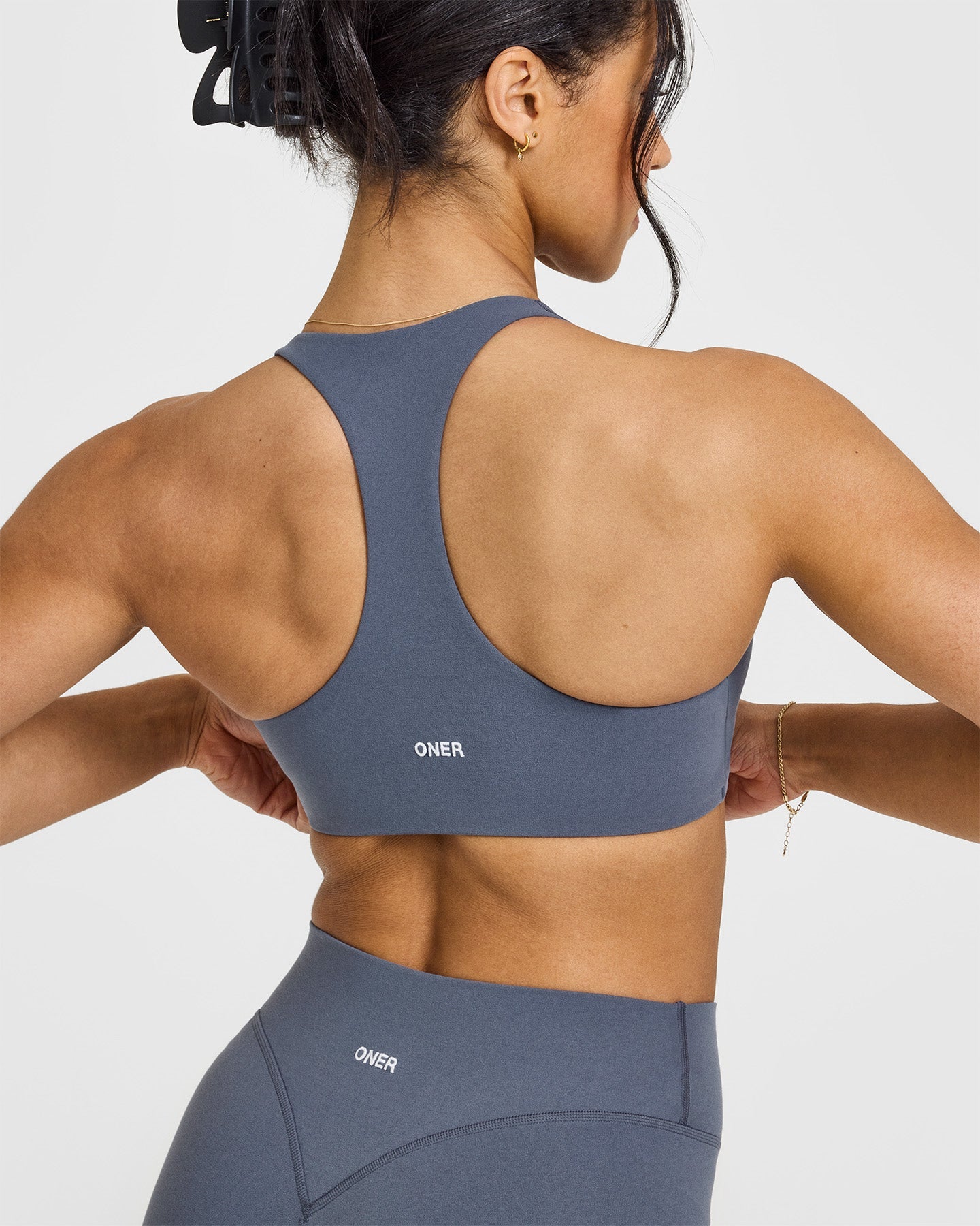 SoftMotion™ Sports Bra with White Logo | Granite Blue