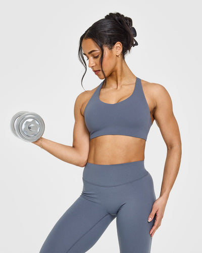 SoftMotion™ Sports Bra with White Logo | Granite Blue