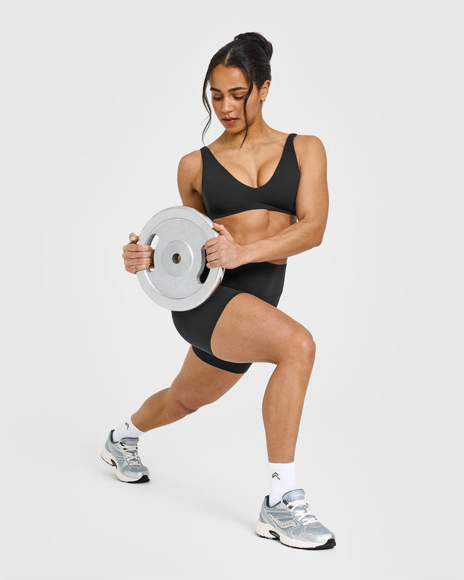 SoftMotion™ Scoop Back Bralette with White Logo | Soft Black