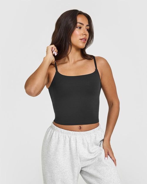 Oner Modal SoftMotion™ Strappy Mid Vest with Built in Bra Shelf with White Logo | Soft Black