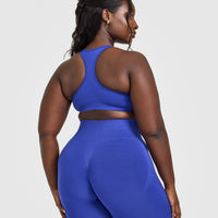 Effortless Seamless Racer Back Sports Bra with White Logo | Space Blue