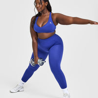 Effortless Seamless Racer Back Sports Bra with White Logo | Space Blue