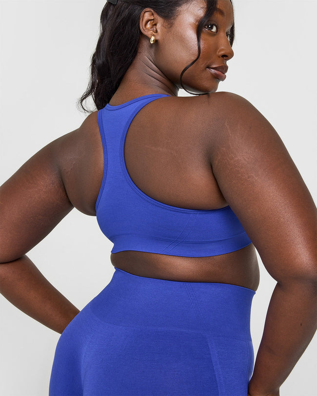 Effortless Seamless Racer Back Sports Bra with White Logo | Space Blue