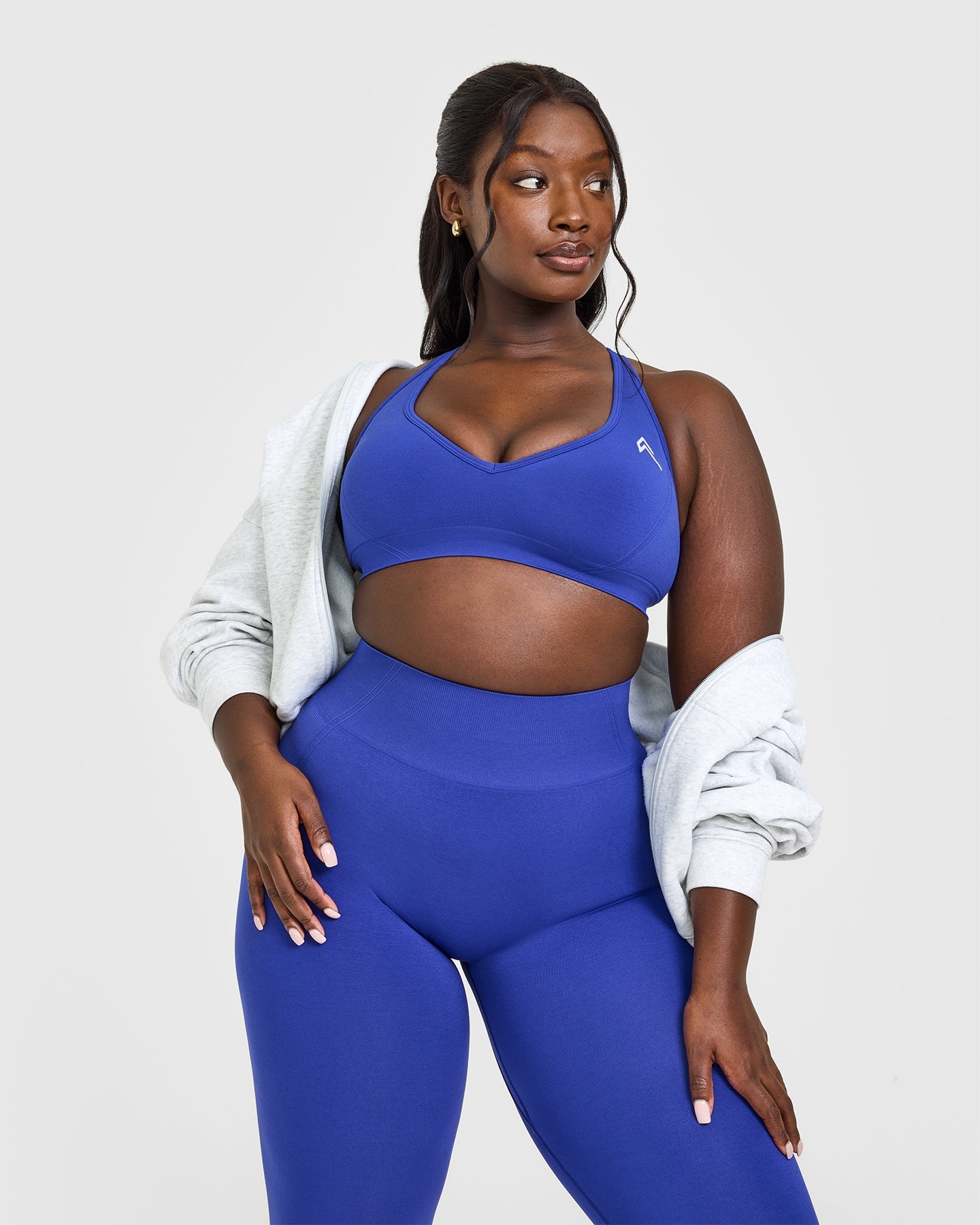Effortless Seamless Racer Back Sports Bra with White Logo | Space Blue