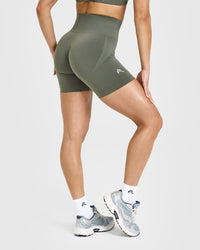 Effortless Seamless Shorts with White Logo | Dark Khaki