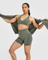 Effortless Seamless Shorts with White Logo | Dark Khaki