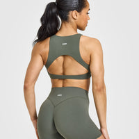 SoftMotion™ High Neck Sports Bra with White Logo | Dark Khaki