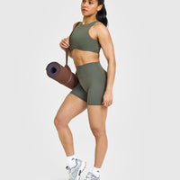 SoftMotion™ High Neck Sports Bra with White Logo | Dark Khaki