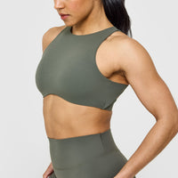 SoftMotion™ High Neck Sports Bra with White Logo | Dark Khaki