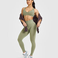 Effortless Seamless Leggings with White Logo | Deep Sage Green