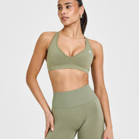 Effortless Seamless Racer Back Sports Bra with White Logo | Deep Sage Green