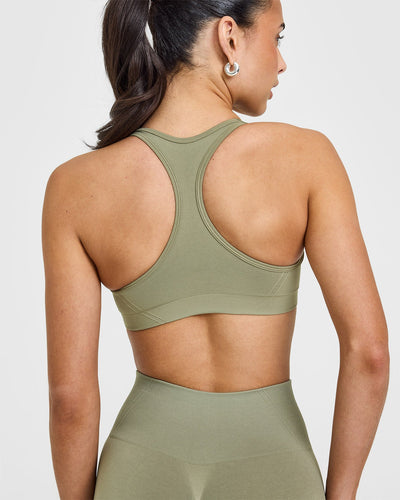 Effortless Seamless Racer Back Sports Bra with White Logo | Deep Sage Green