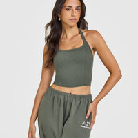 Mellow™ Rib Halter Neck Mid Vest with Built in Bra Shelf | Dark Khaki