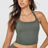 Mellow™ Rib Halter Neck Mid Vest with Built in Bra Shelf | Dark Khaki