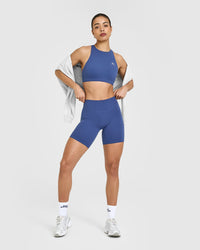 SoftMotion™ Cycling Shorts 8" with White Logo | Shadow Blue