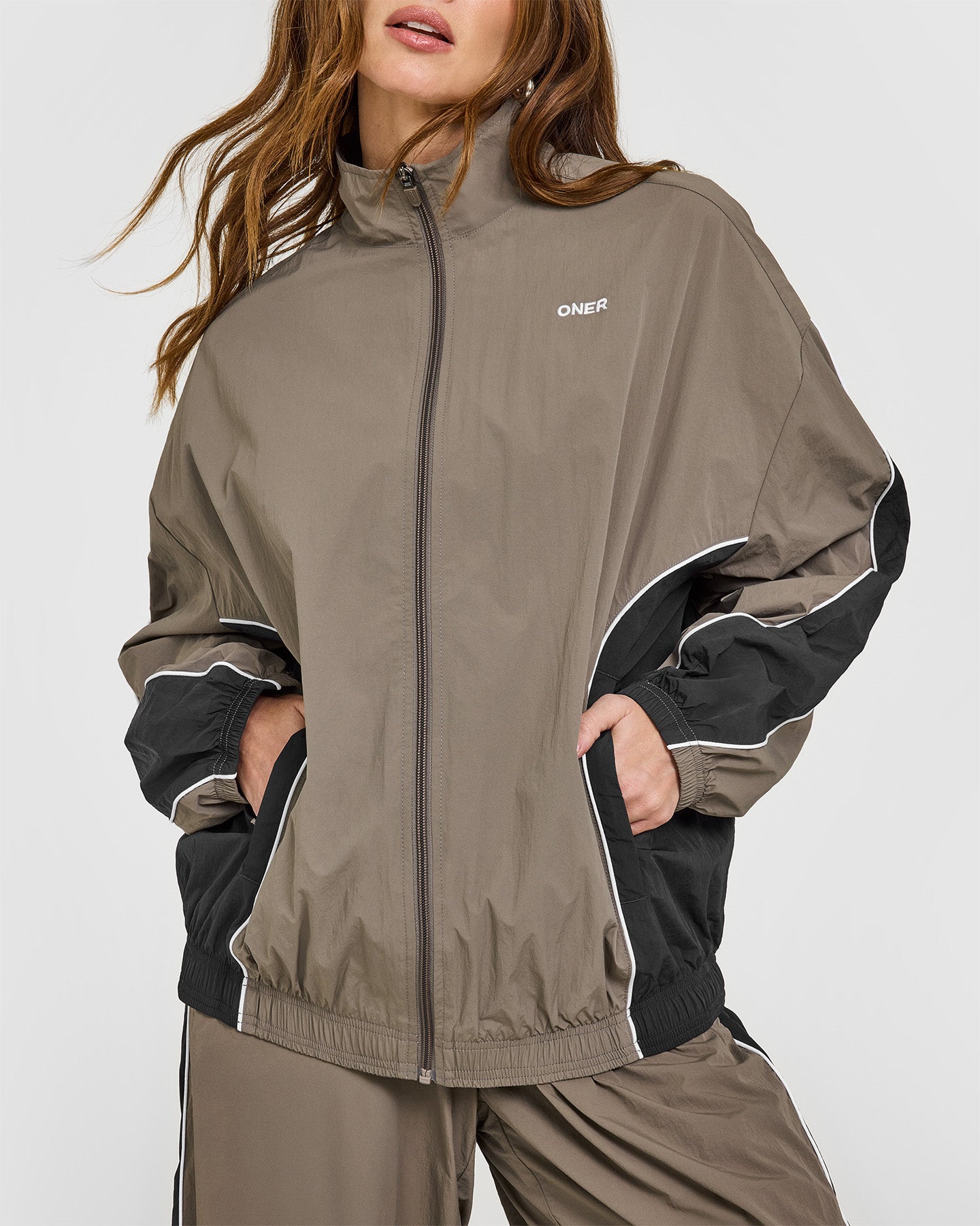 Oversized Piped Woven Track Jacket | Moss Brown