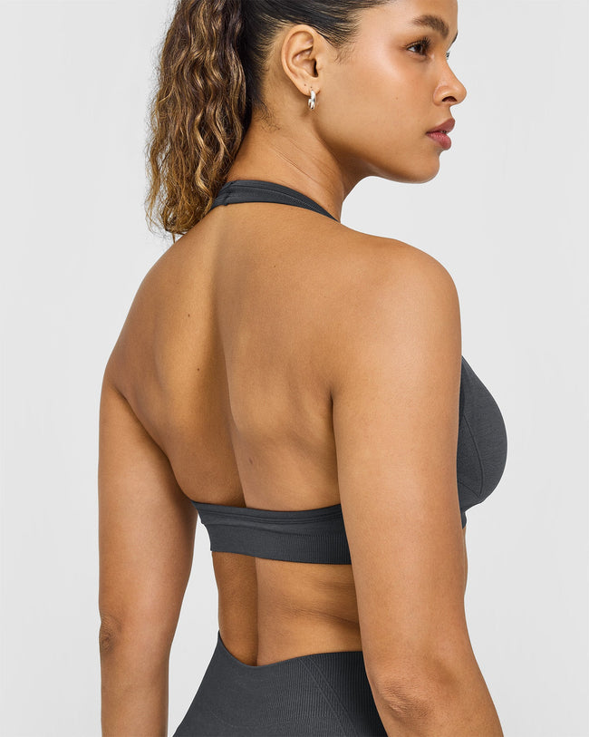 Effortless Seamless Halter Neck Sports Bra | Coal