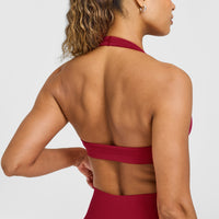 Effortless Seamless Halter Neck Sports Bra with White Logo | Claret Red
