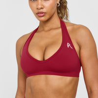 Effortless Seamless Halter Neck Sports Bra with White Logo | Claret Red