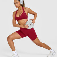 Effortless Seamless Halter Neck Sports Bra with White Logo | Claret Red