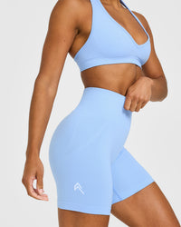 Effortless Seamless Shorts with White Logo | Powdered Blue