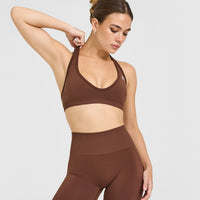 Effortless Seamless Halter Neck Sports Bra with White Logo | Rustic Brown