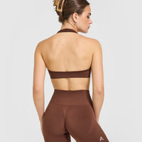 Effortless Seamless Halter Neck Sports Bra with White Logo | Rustic Brown