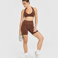 Effortless Seamless Halter Neck Sports Bra with White Logo | Rustic Brown