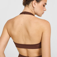 Effortless Seamless Halter Neck Sports Bra with White Logo | Rustic Brown