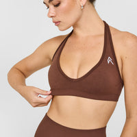 Effortless Seamless Halter Neck Sports Bra with White Logo | Rustic Brown