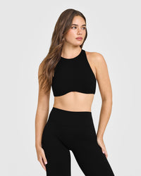 SoftMotion™ High Neck Sports Bra with White Logo | Black