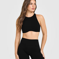 SoftMotion™ High Neck Sports Bra with White Logo | Black