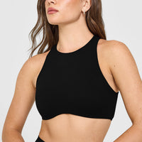 SoftMotion™ High Neck Sports Bra with White Logo | Black