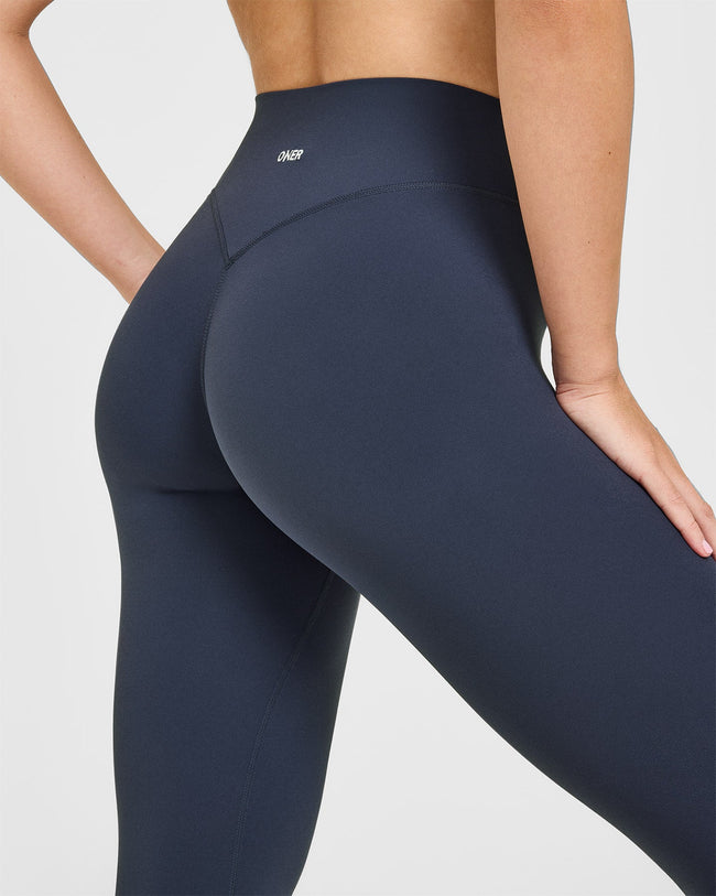 SoftMotion™ High Waisted Leggings with White Logo | True Blue