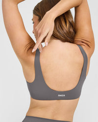 SoftMotion™ Scoop Back Bralette with White Logo | Ash Grey