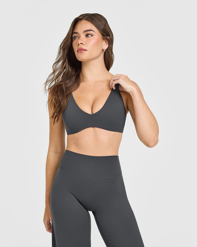 SoftMotion™ Scoop Back Bralette with White Logo | Coal