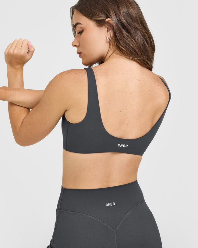 SoftMotion™ Scoop Back Bralette with White Logo | Coal