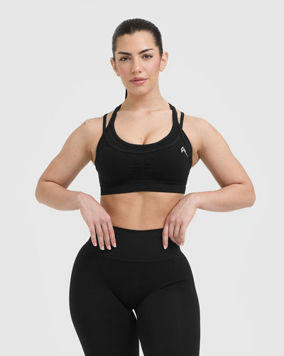 Effortless Seamless Layered Sports Bra with White Logo | Black