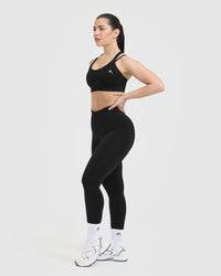 Effortless Seamless Layered Sports Bra with White Logo | Black