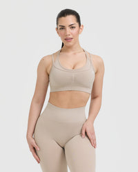 Effortless Seamless Layered Sports Bra with White Logo | Mushroom Brown