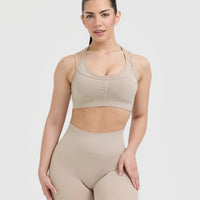 Effortless Seamless Layered Sports Bra with White Logo | Mushroom Brown